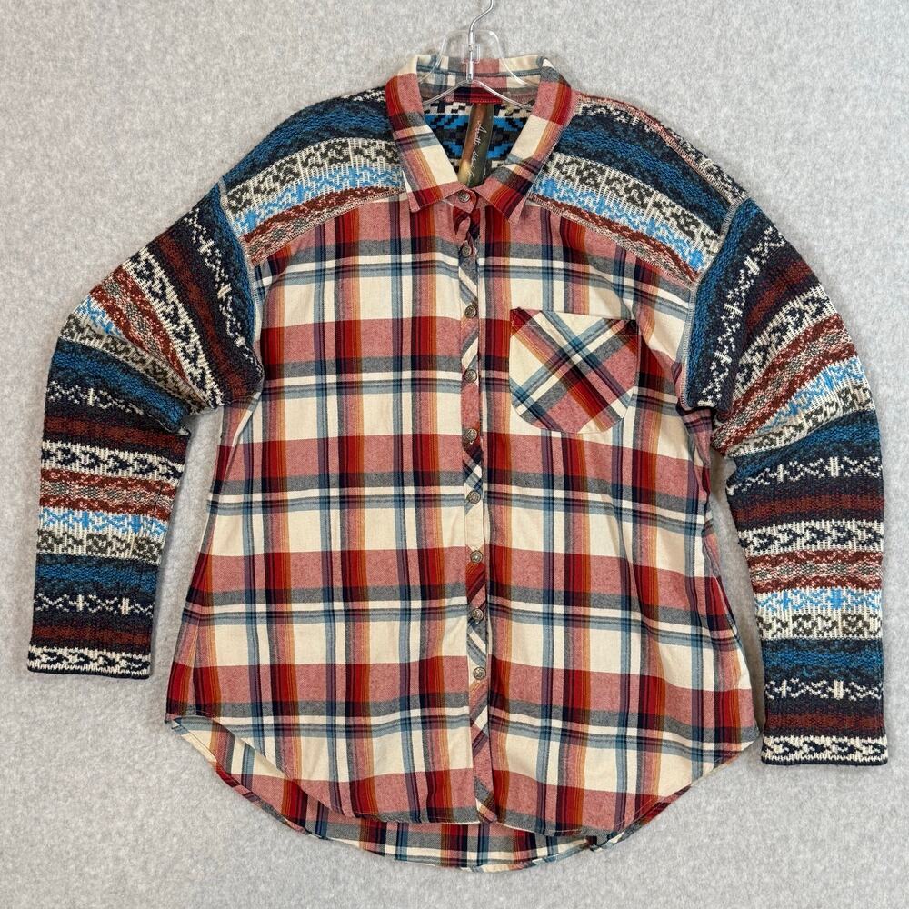 Aratta Silent Journey Flannel Plaid Mixed Print Shirt Size XL Boho Western